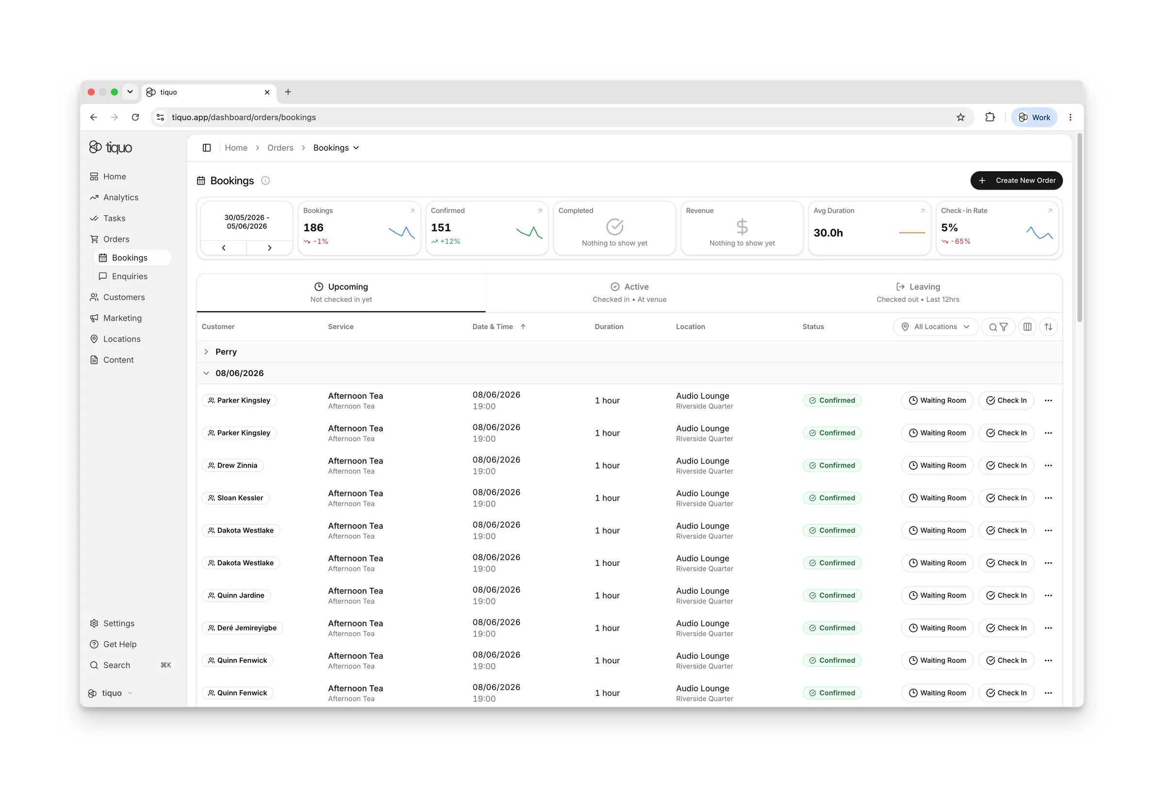 Tiquo bookings dashboard for availability and reservations
