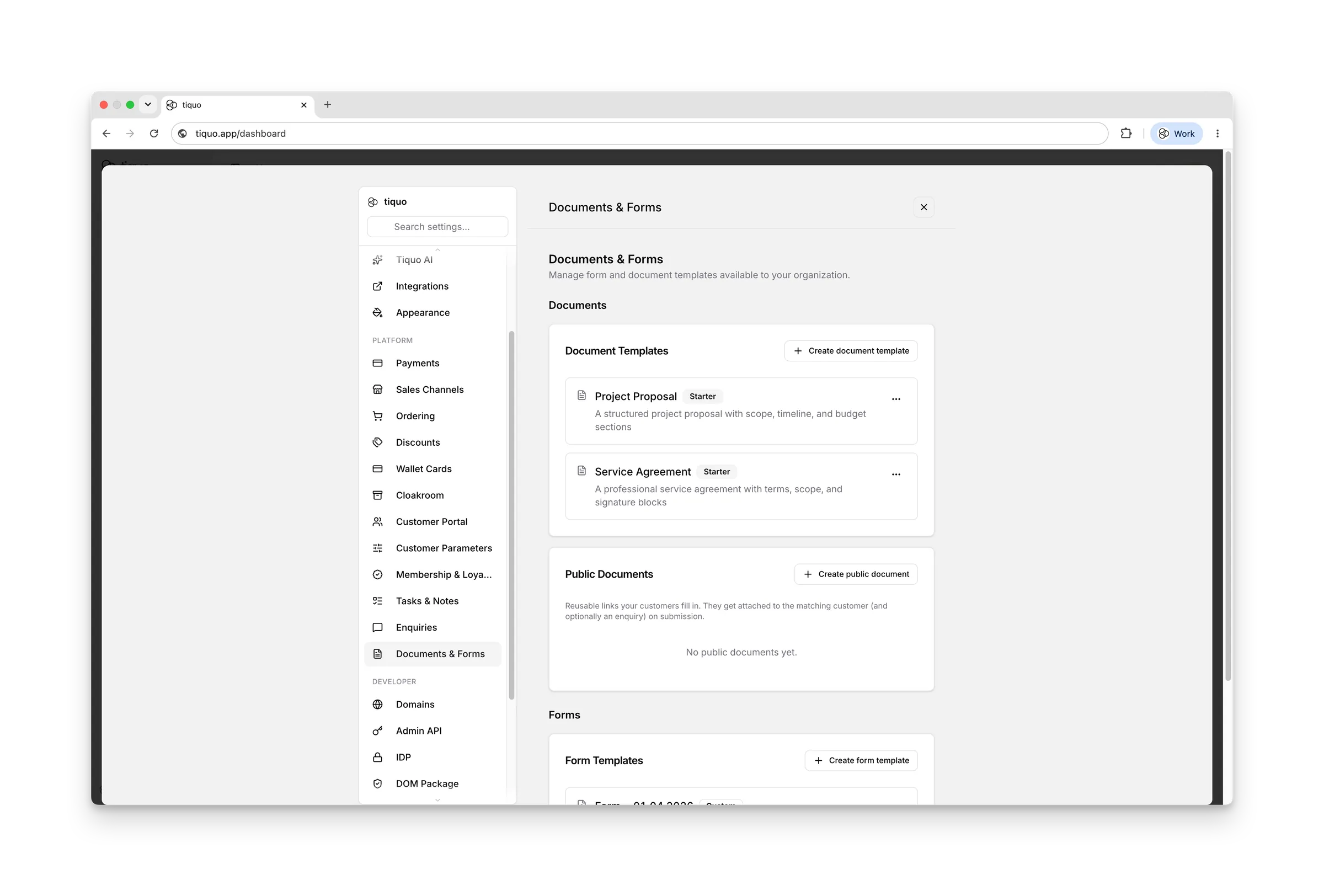 Tiquo forms and contracts dashboard