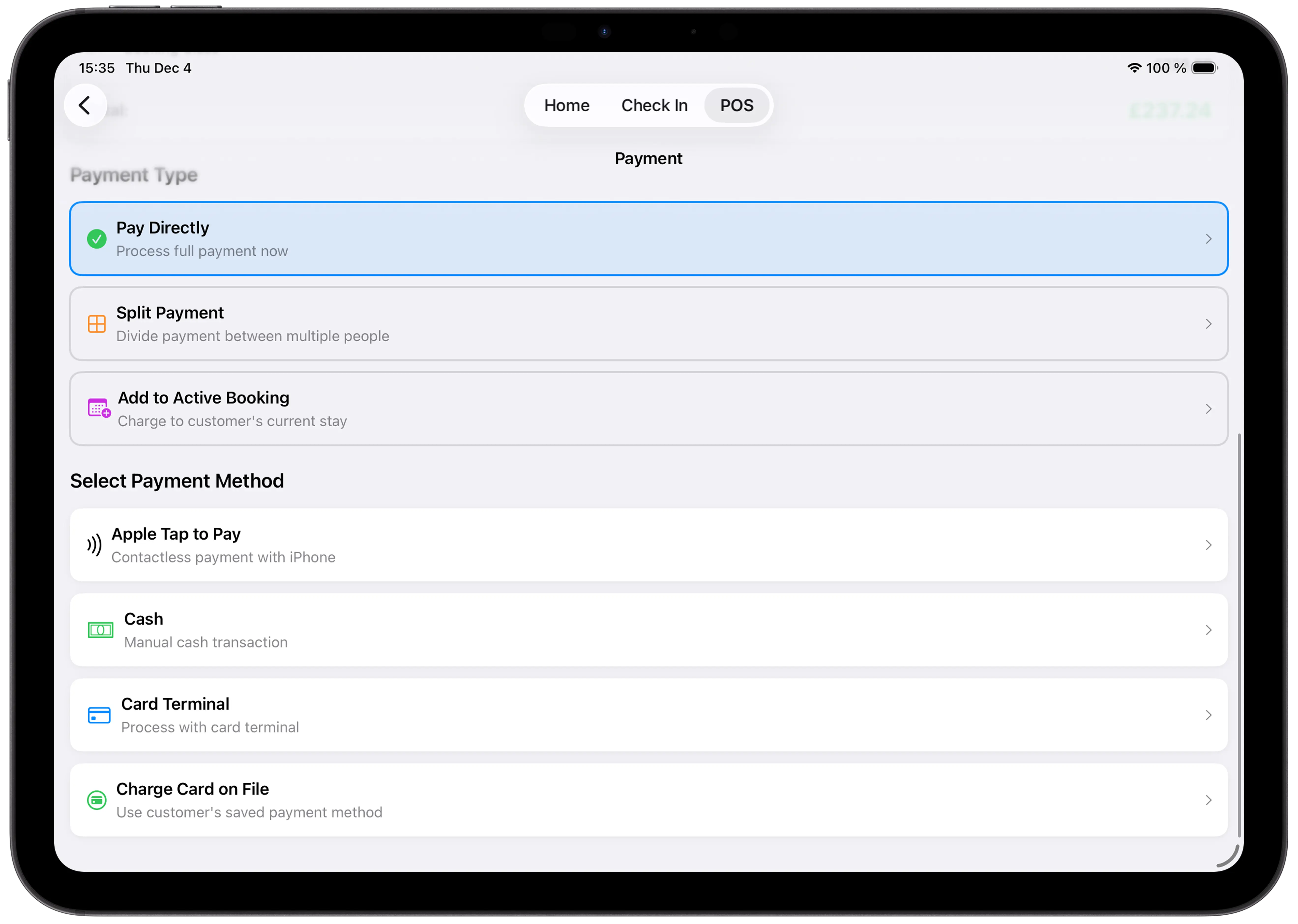 Tiquo on iPad, choosing how a guest pays: directly, split or added to their booking, by Tap to Pay, cash, card terminal or card on file