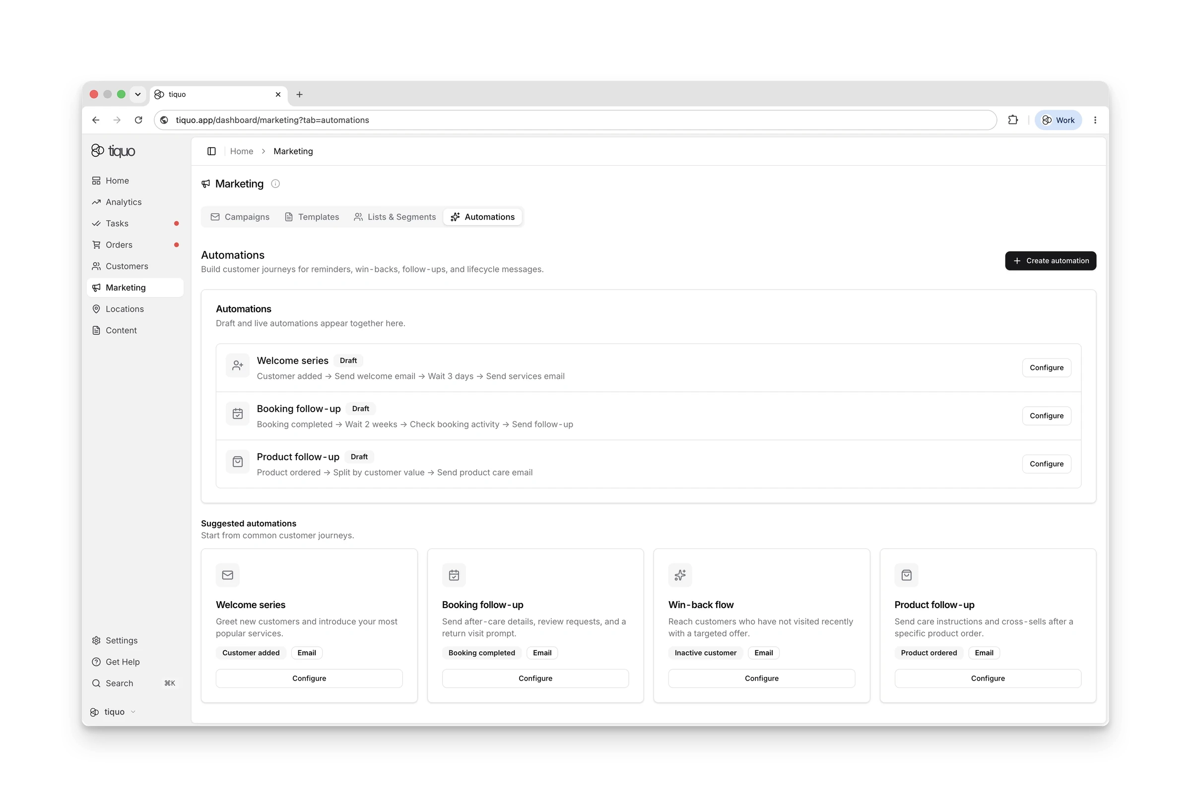 Tiquo marketing automations for welcome series, booking follow-ups and win-backs