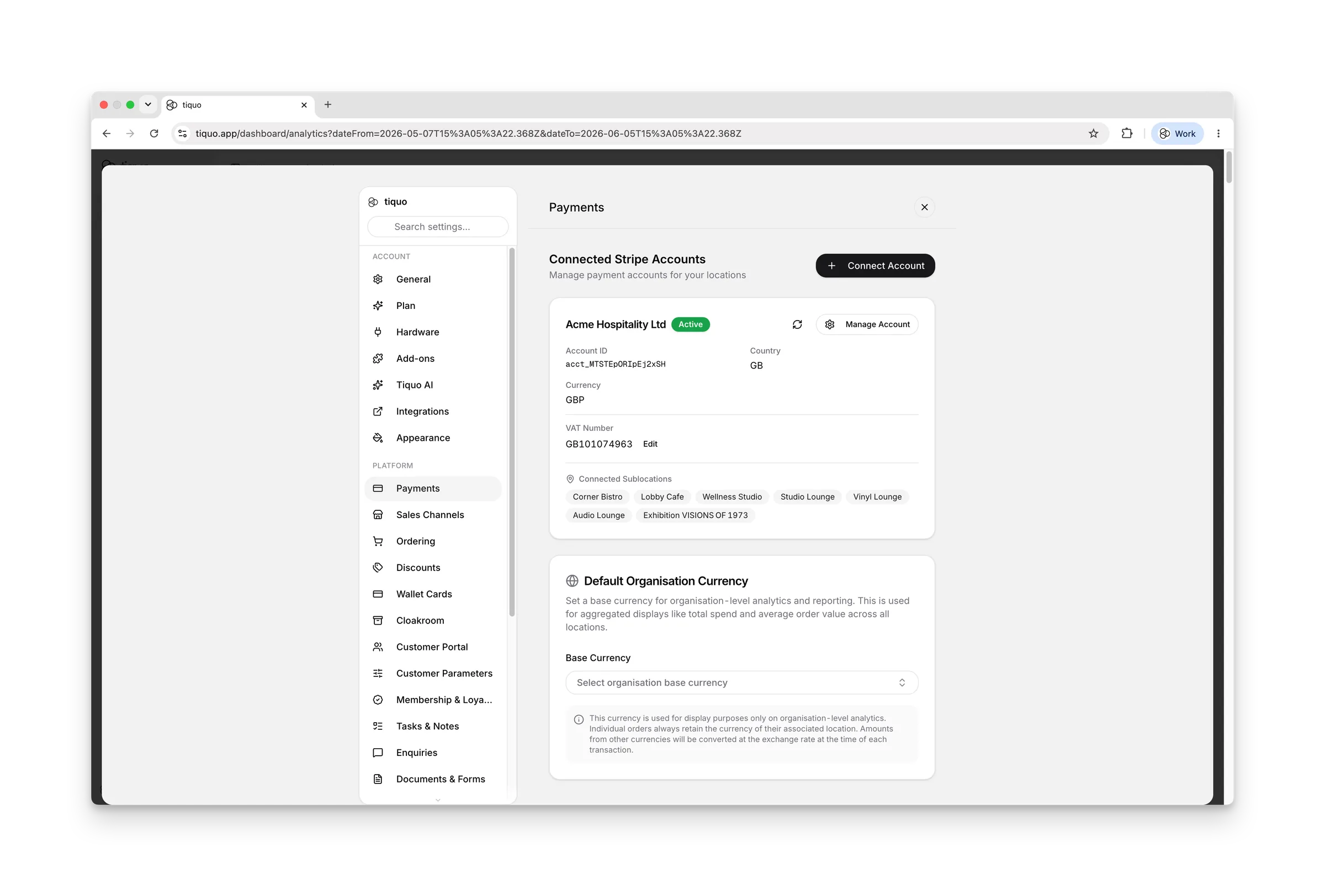 Tiquo dashboard for managing multiple locations and brands