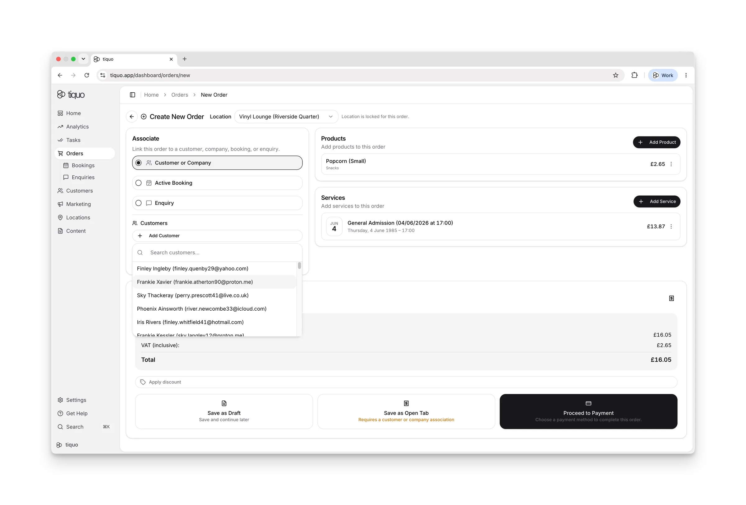 Tiquo payments dashboard for hospitality transactions